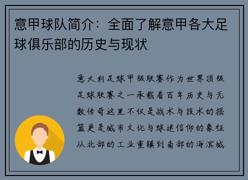 意甲球队简介：全面了解意甲各大足球俱乐部的历史与现状
